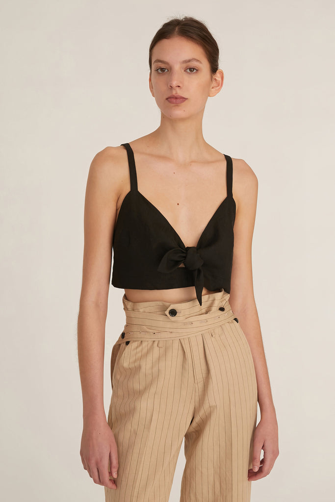 Paloma Linen Tie-Front Crop Top in Linen Black
