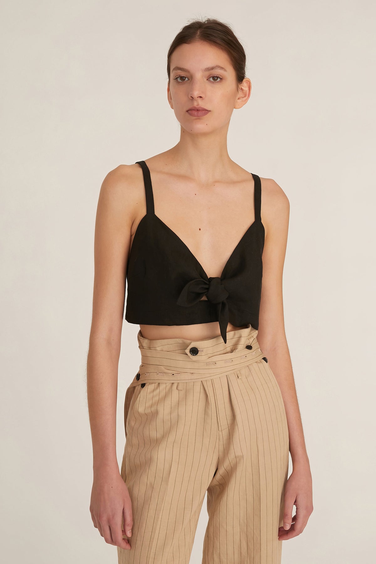 Paloma Linen Tie-Front Crop Top in Linen Black