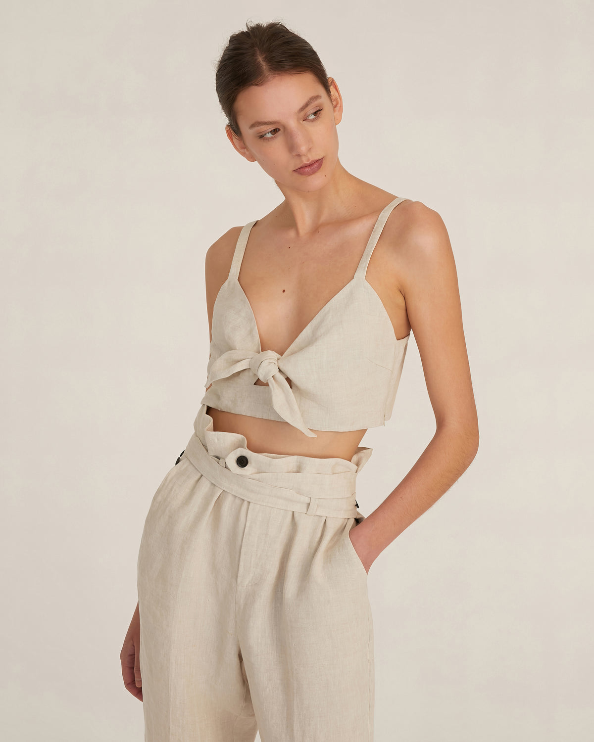 Paloma Linen Tie-Front Crop Top in Flax