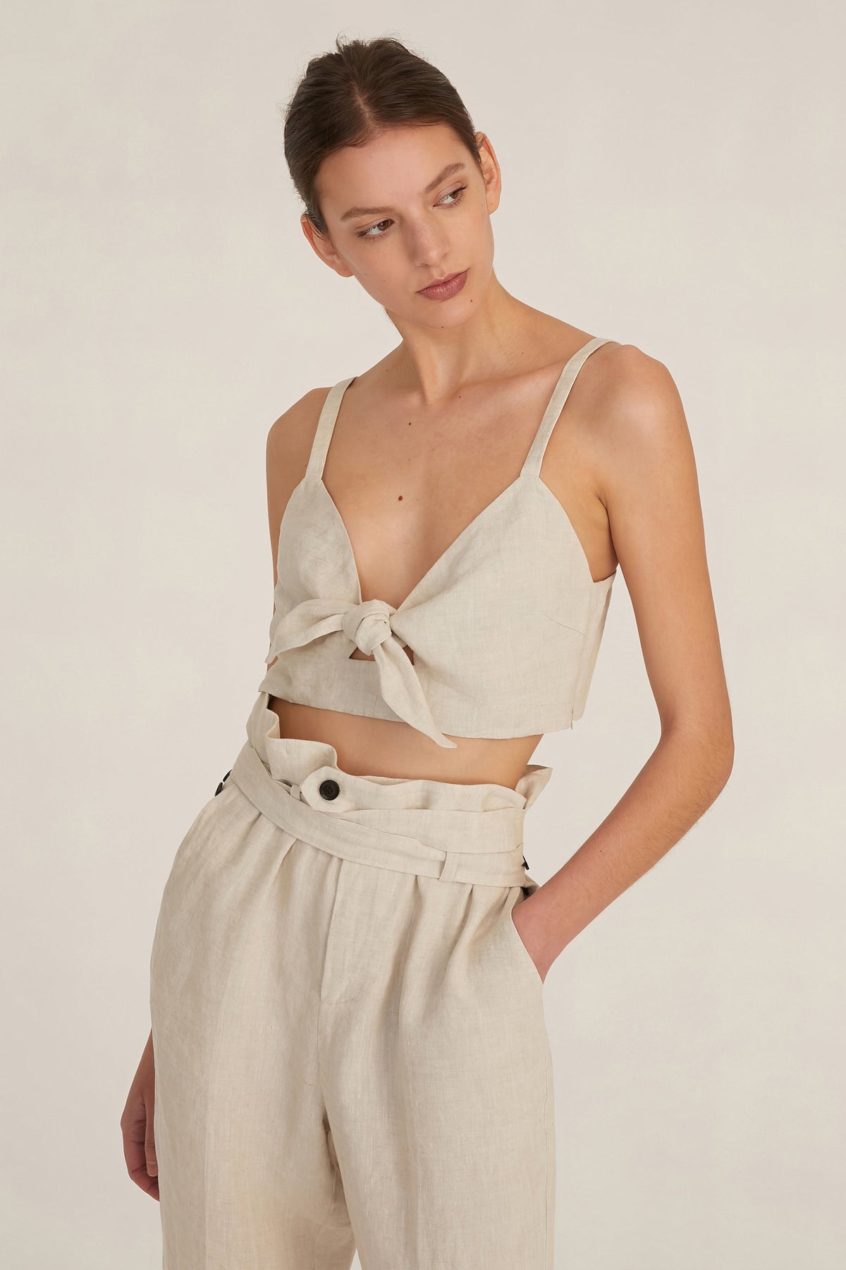 Paloma Linen Tie-Front Crop Top in Flax