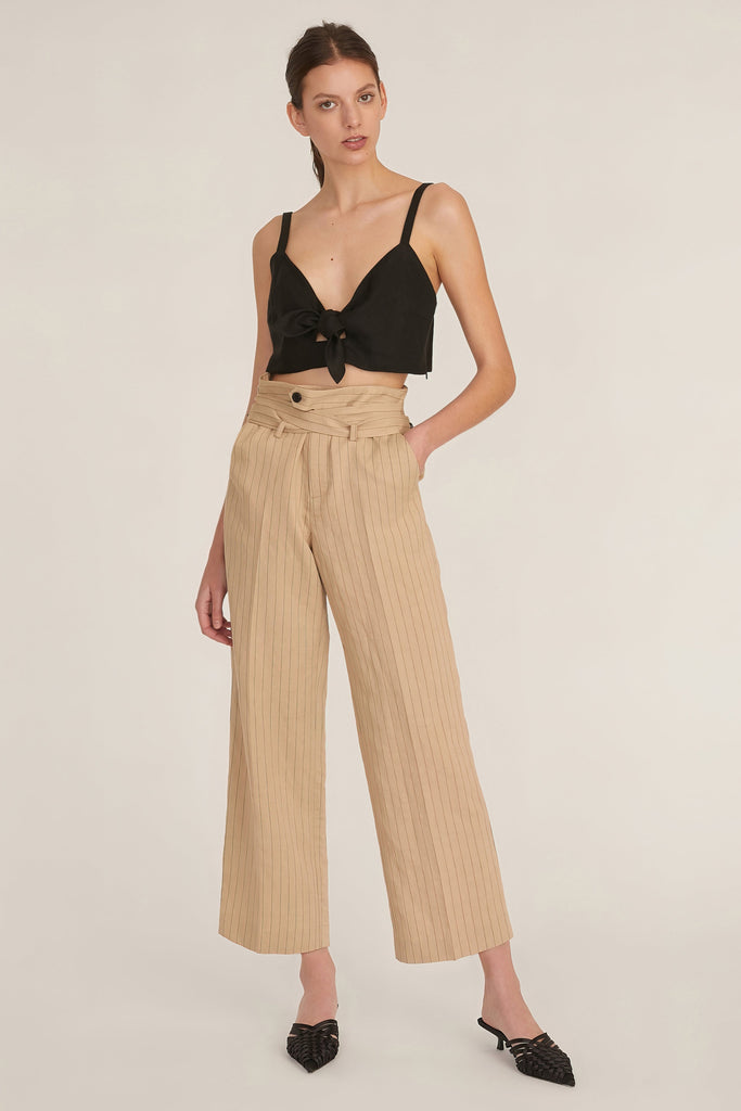 Paloma Linen Tie-Front Crop Top in Linen Black