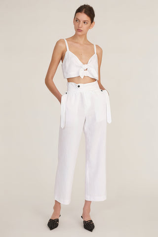 Paloma Linen Tie-Front Crop Top in Linen White