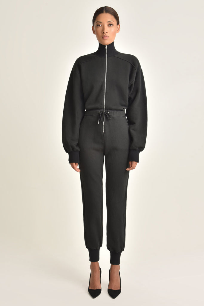 Red-Eye French Terry Zip Front Jumpsuit_Black_Front