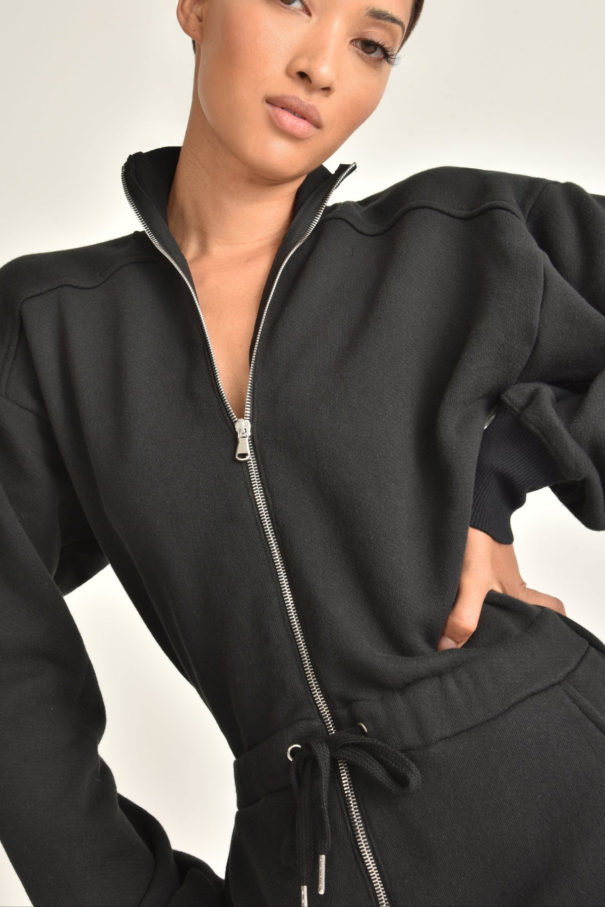 Red-Eye French Terry Zip Front Jumpsuit_Black_Front 4