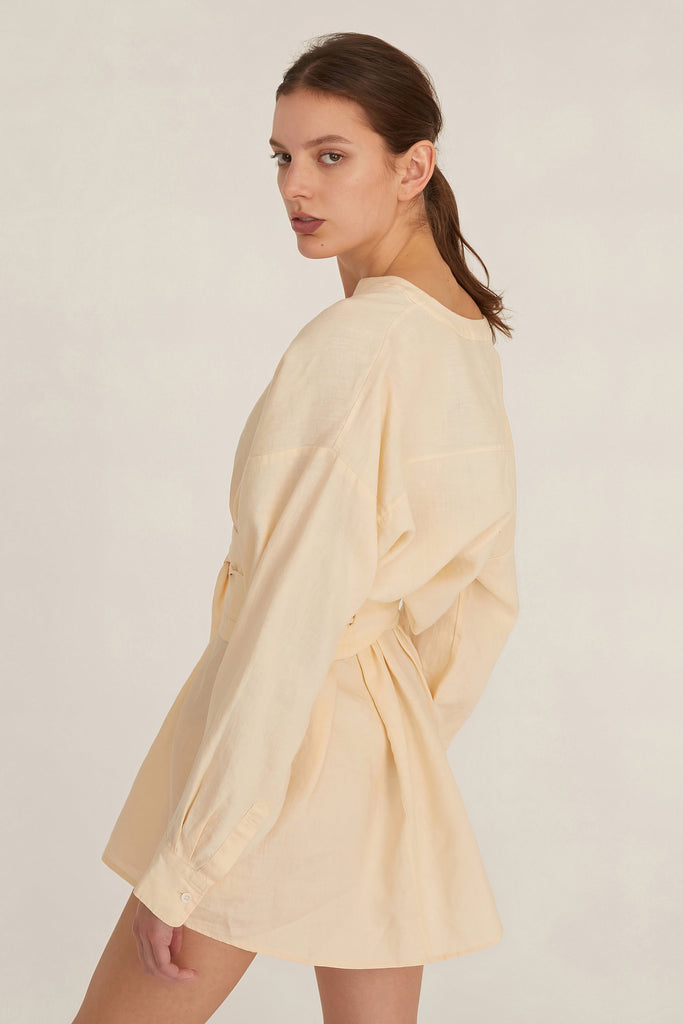 Pax Linen Henley Tunic Dress with Obi Belt in Custard