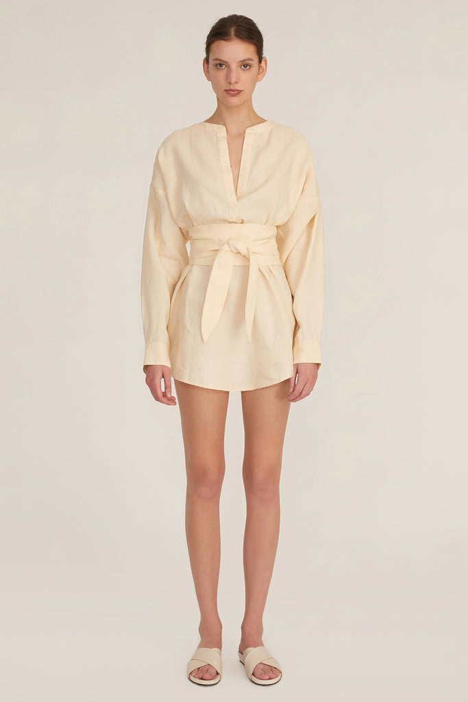 Pax Linen Henley Tunic Dress with Obi Belt in Custard
