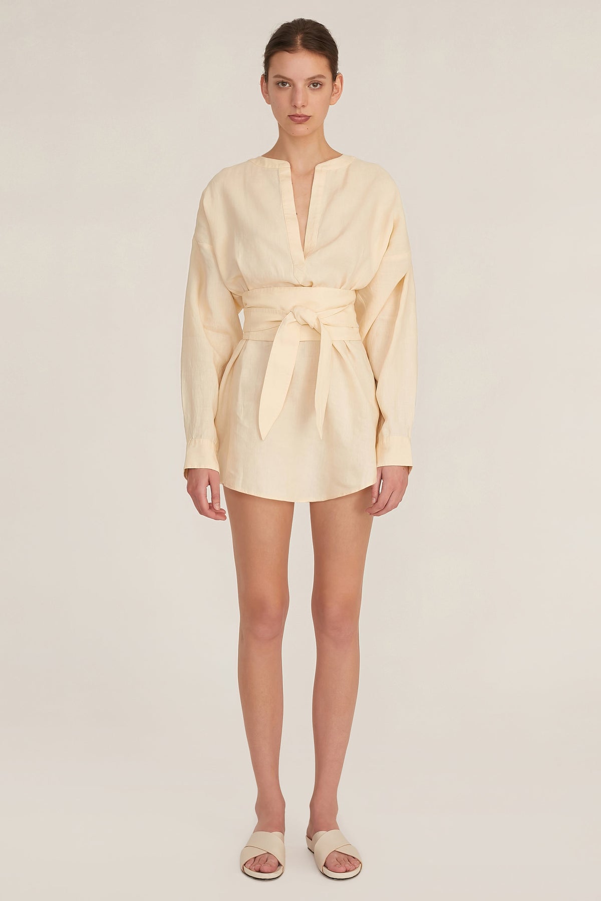 Pax Linen Henley Tunic Dress with Obi Belt in Custard