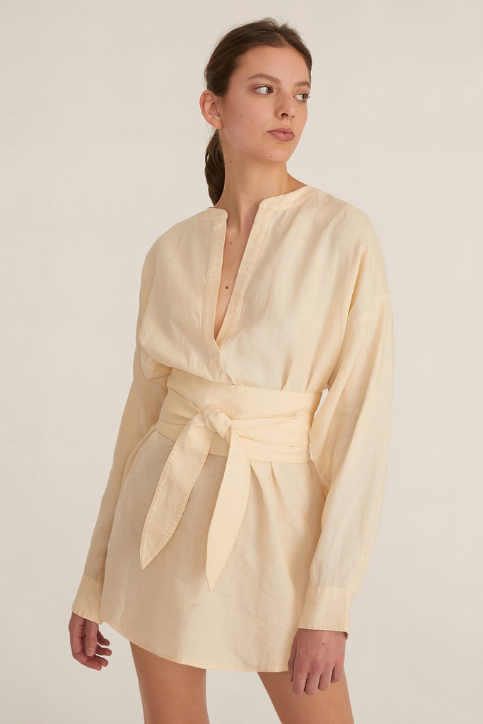 Pax Linen Henley Tunic Dress with Obi Belt in Custard