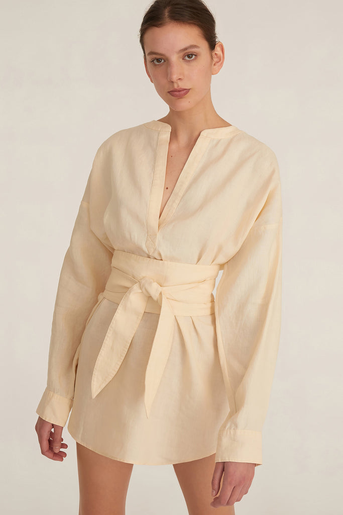 Pax Linen Henley Tunic Dress with Obi Belt in Custard