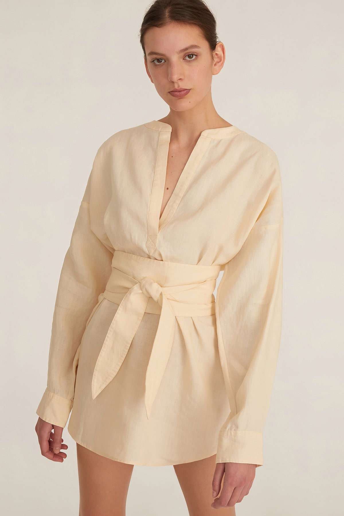 Pax Linen Henley Tunic Dress with Obi Belt in Custard