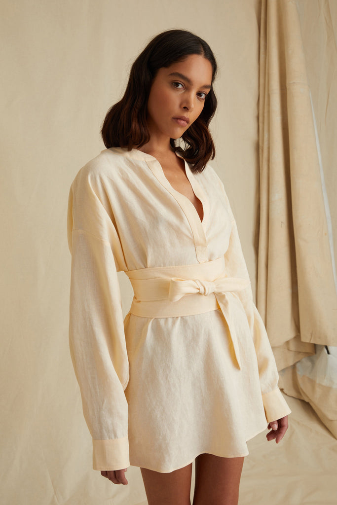 Pax Linen Henley Tunic Dress with Obi Belt in Custard
