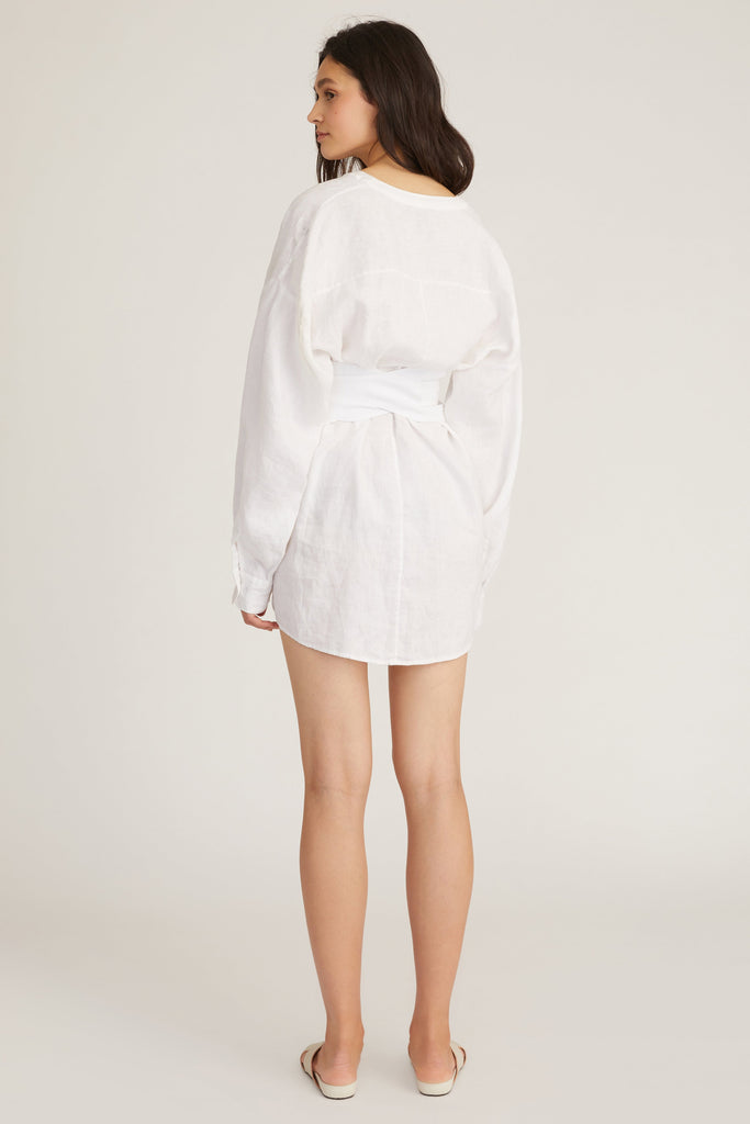 Pax Linen Henley Tunic Dress with Obi Belt in Linen White