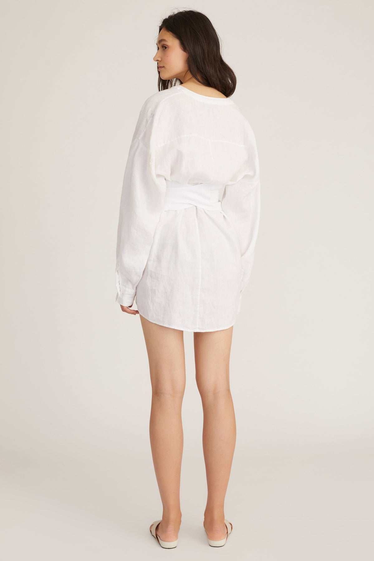 Pax Linen Henley Tunic Dress with Obi Belt in Linen White