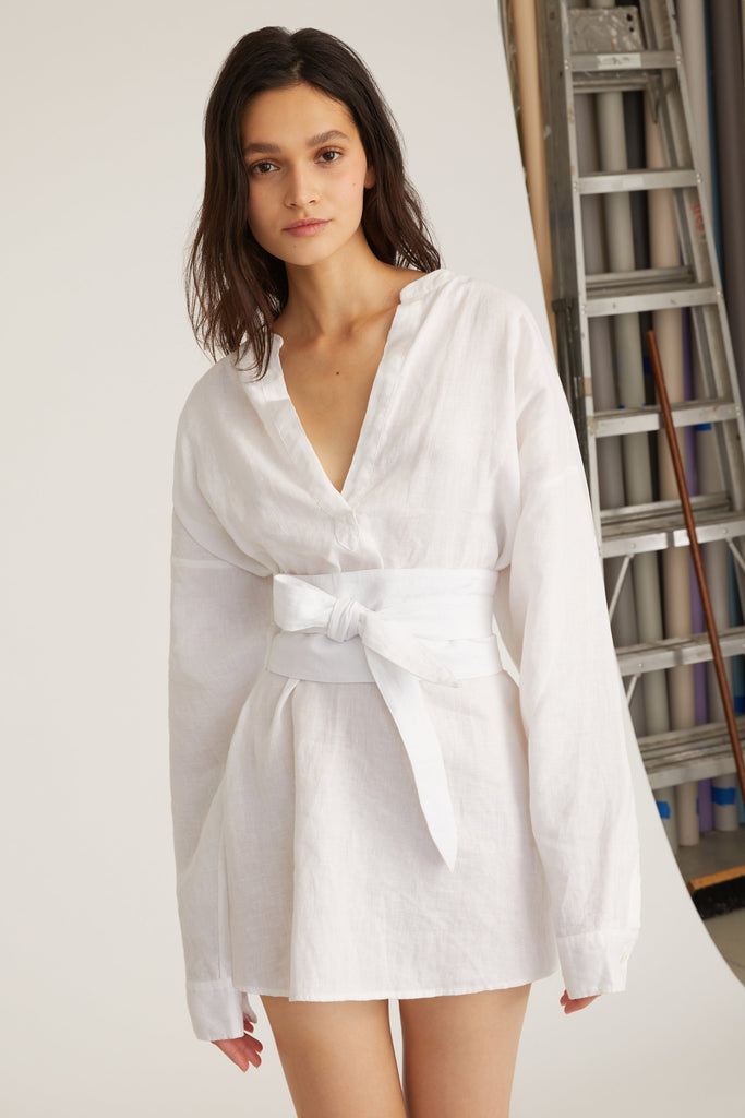 Pax Linen Henley Tunic Dress with Obi Belt in Linen White