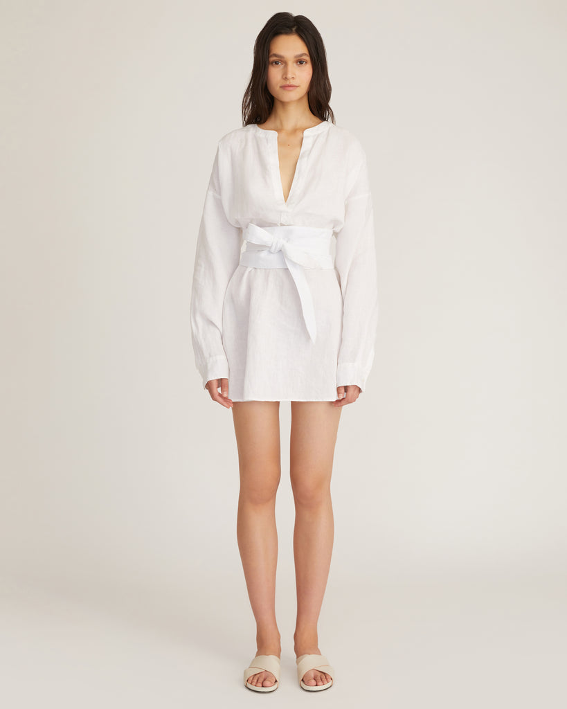 Pax Linen Henley Tunic Dress with Obi Belt in Linen White