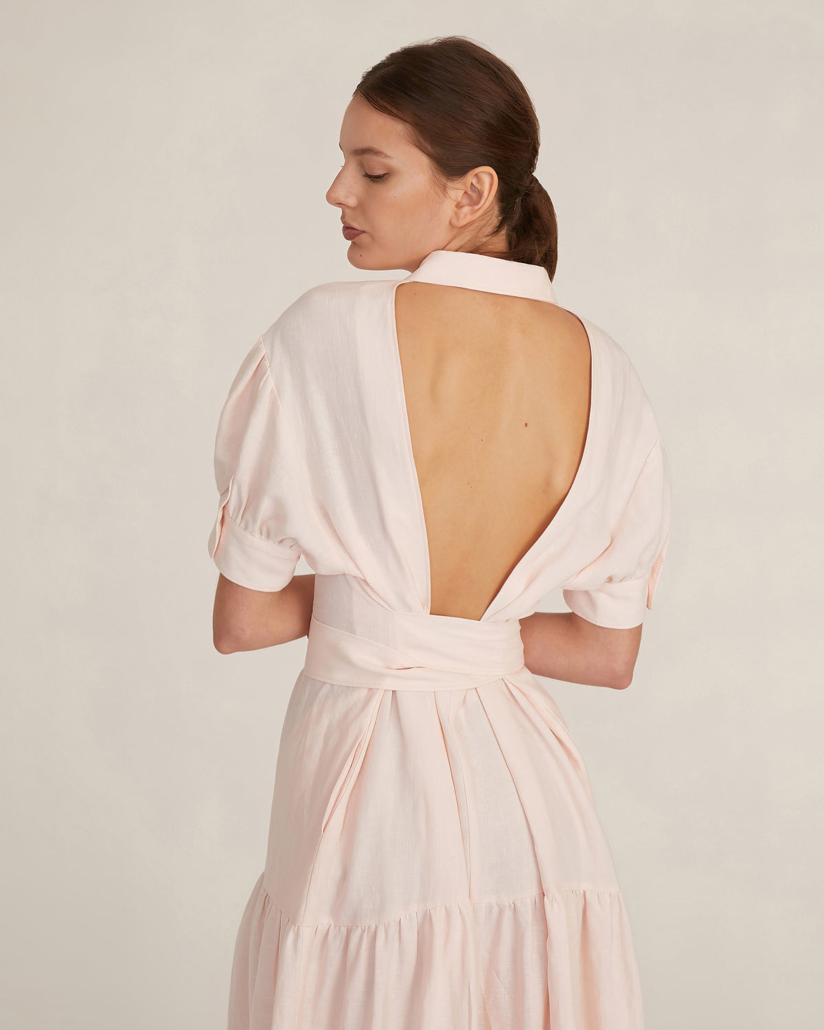 Presley Linen U-Back Button Down Midi Dress in Rosetta