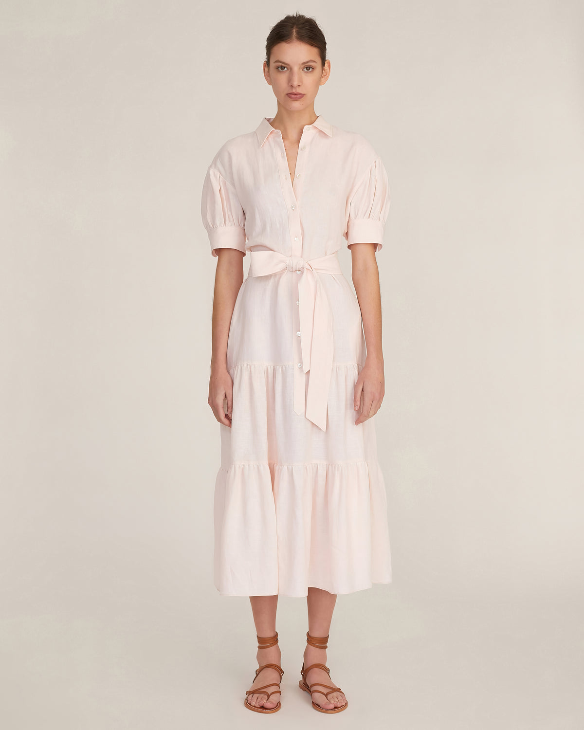 Presley Linen U-Back Button Down Midi Dress in Rosetta