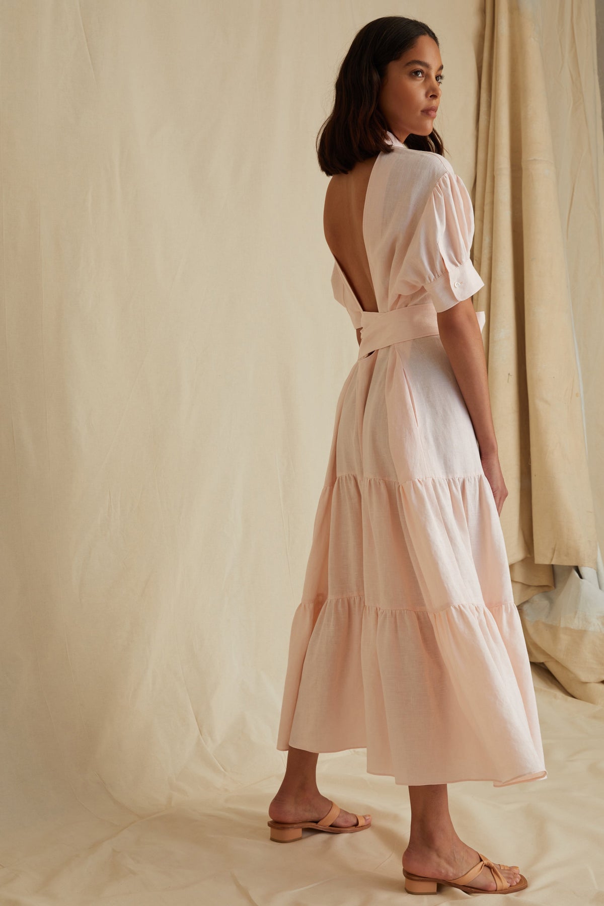 Presley Linen U-Back Button Down Midi Dress in Rosetta