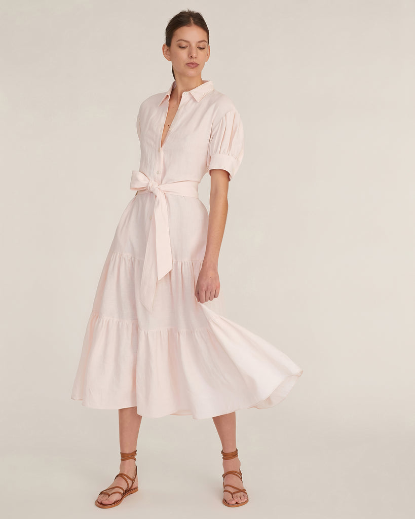 Presley Linen U-Back Button Down Midi Dress in Rosetta