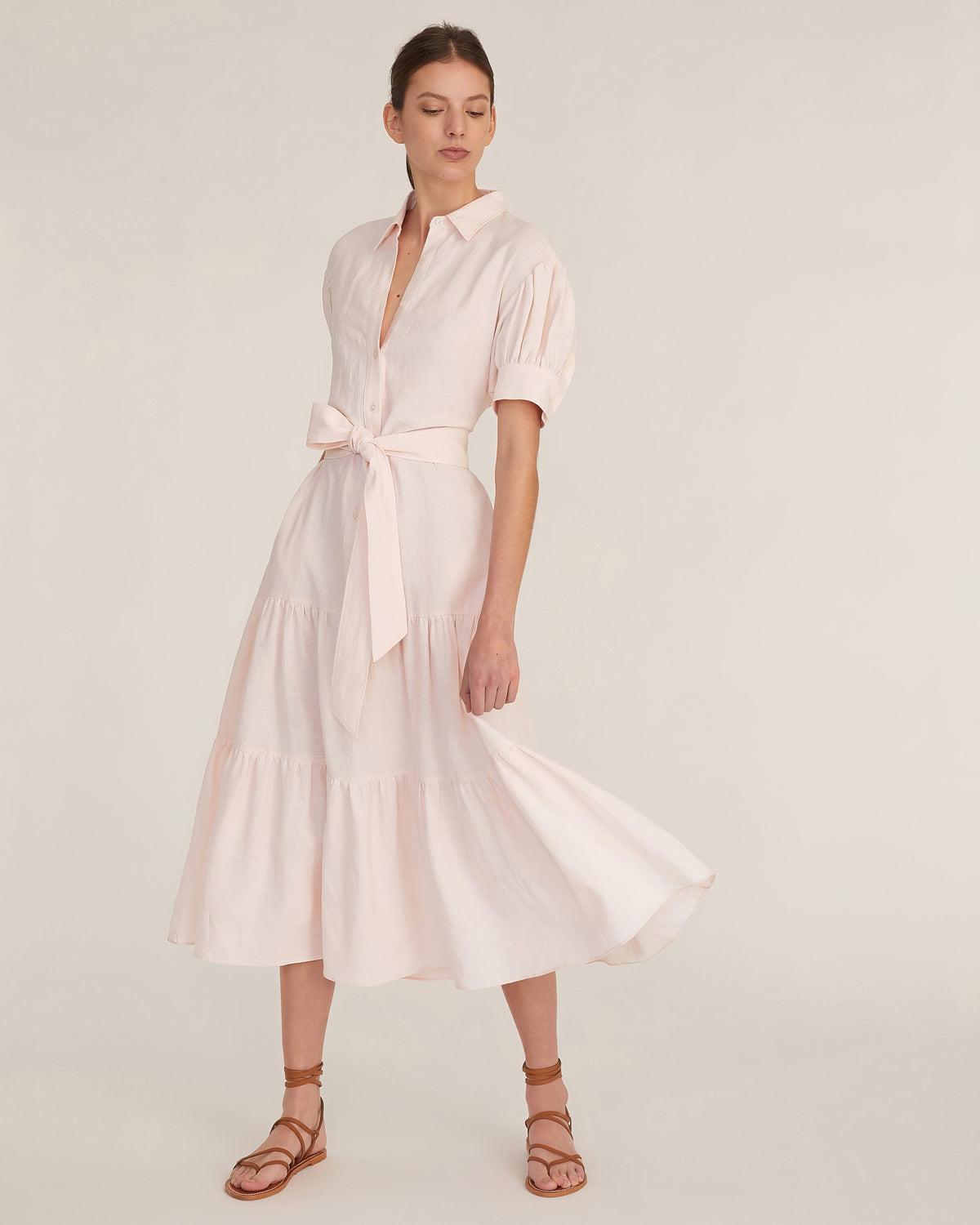 Presley Linen U-Back Button Down Midi Dress in Rosetta