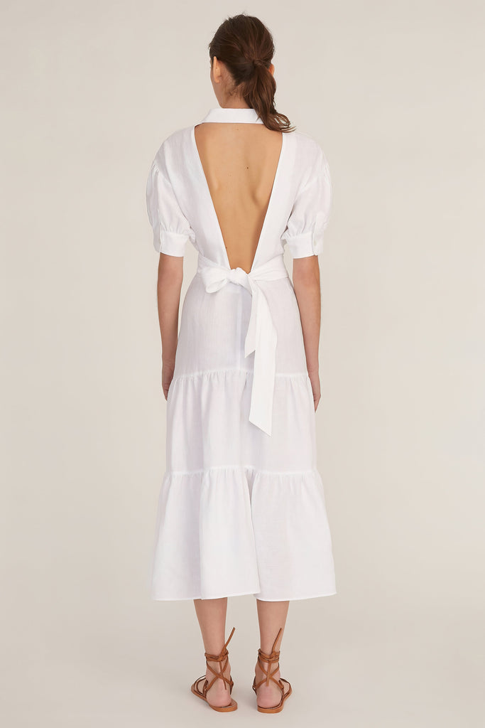 Presley Linen U-Back Button Down Midi Dress in Linen White