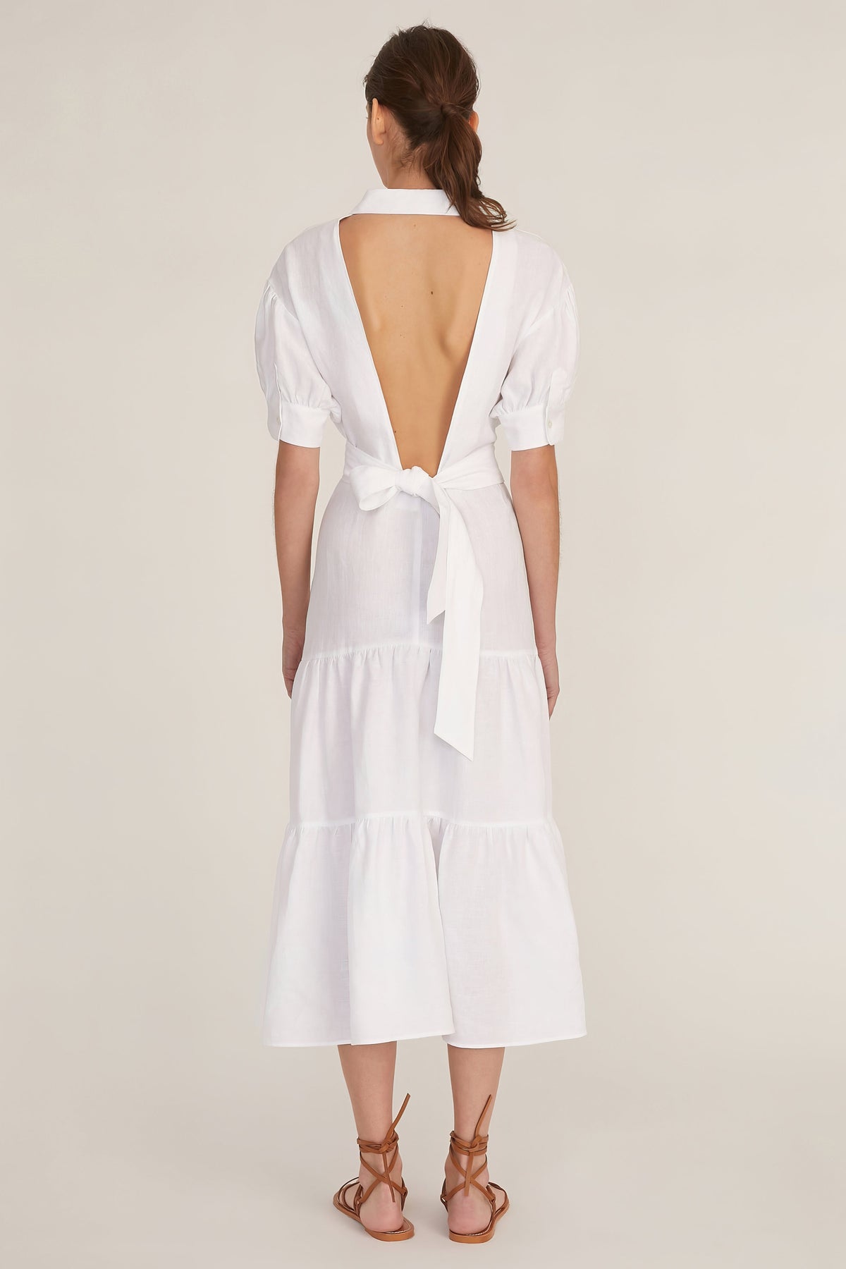 Presley Linen U-Back Button Down Midi Dress in Linen White