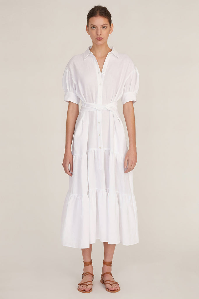 Presley Linen U-Back Button Down Midi Dress in Linen White