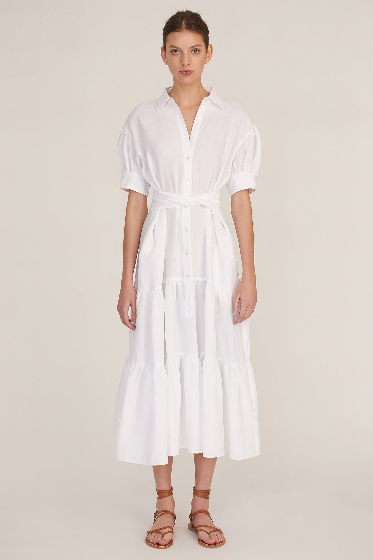 Presley Linen U-Back Button Down Midi Dress in Linen White