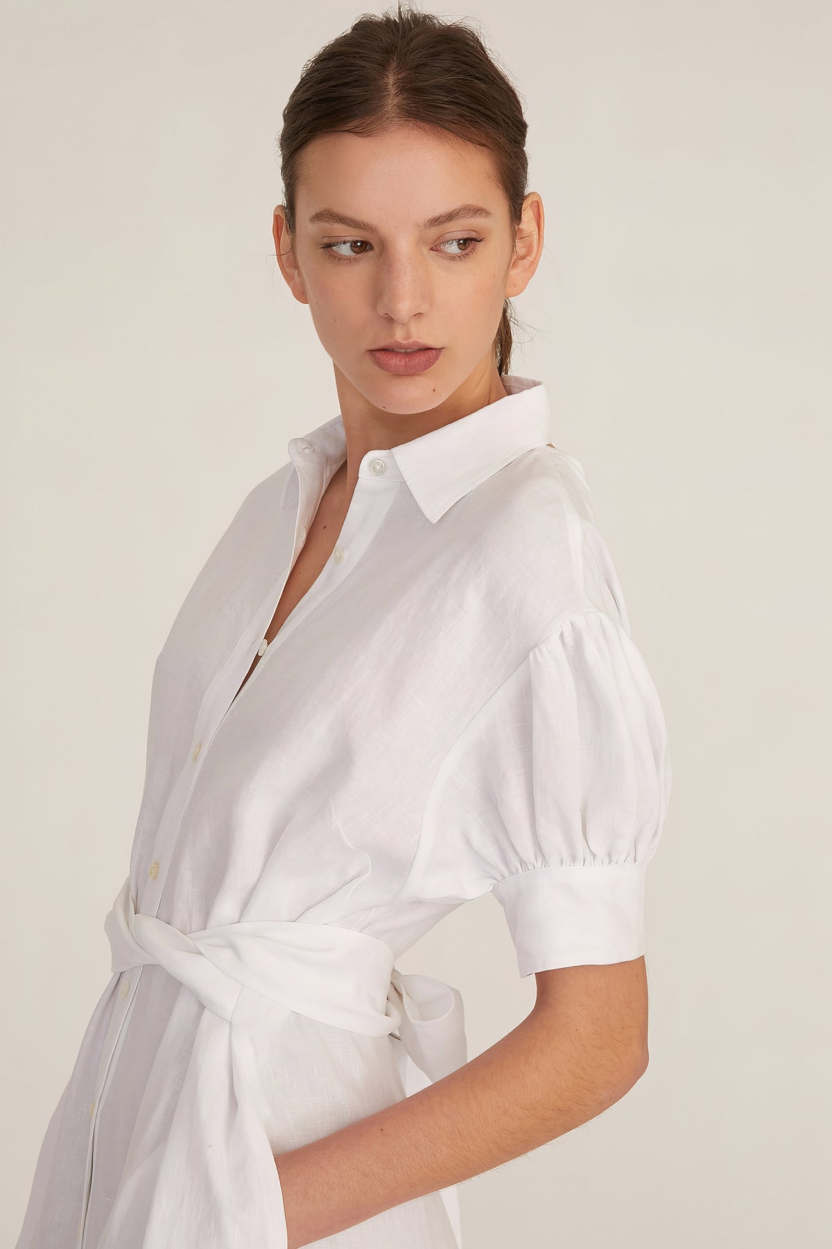 Presley Linen U-Back Button Down Midi Dress in Linen White