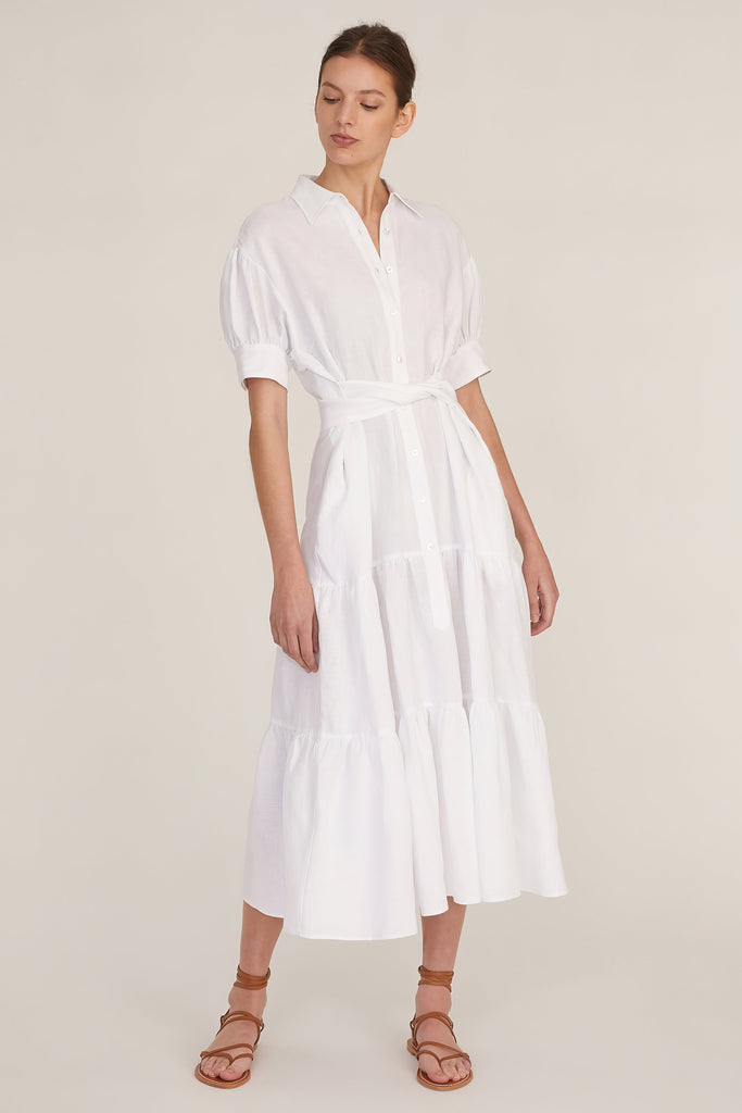 Presley Linen U-Back Button Down Midi Dress in Linen White