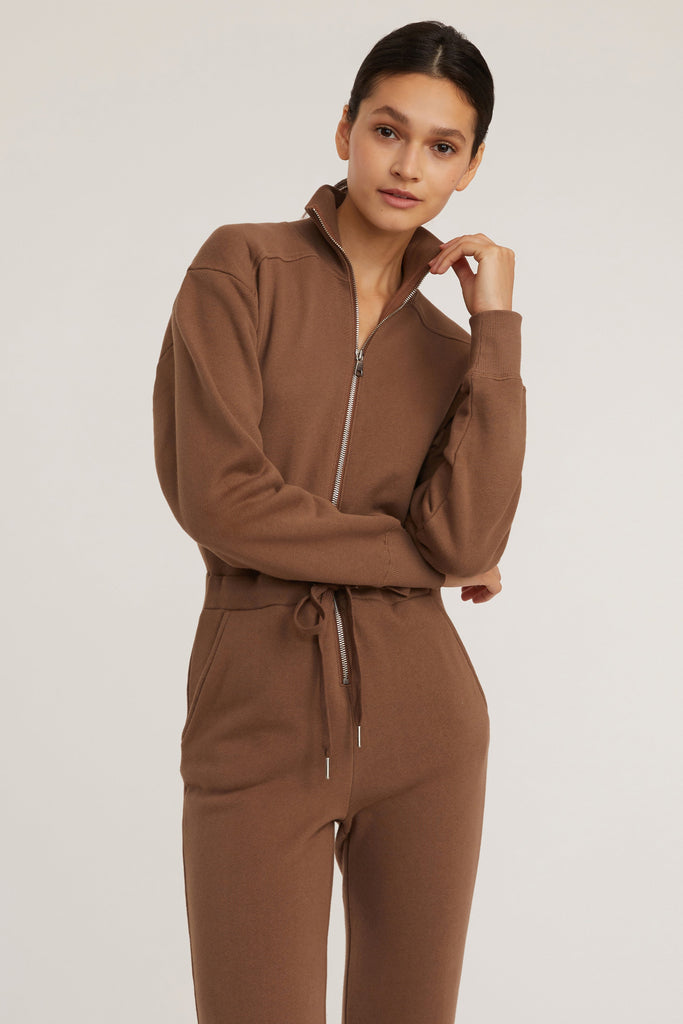 Red-Eye Zip Front French Terry Jumpsuit in Cognac