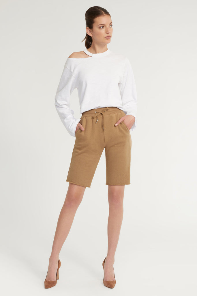 Romy Raw Edge French Terry Bermuda Short in Light Mocha