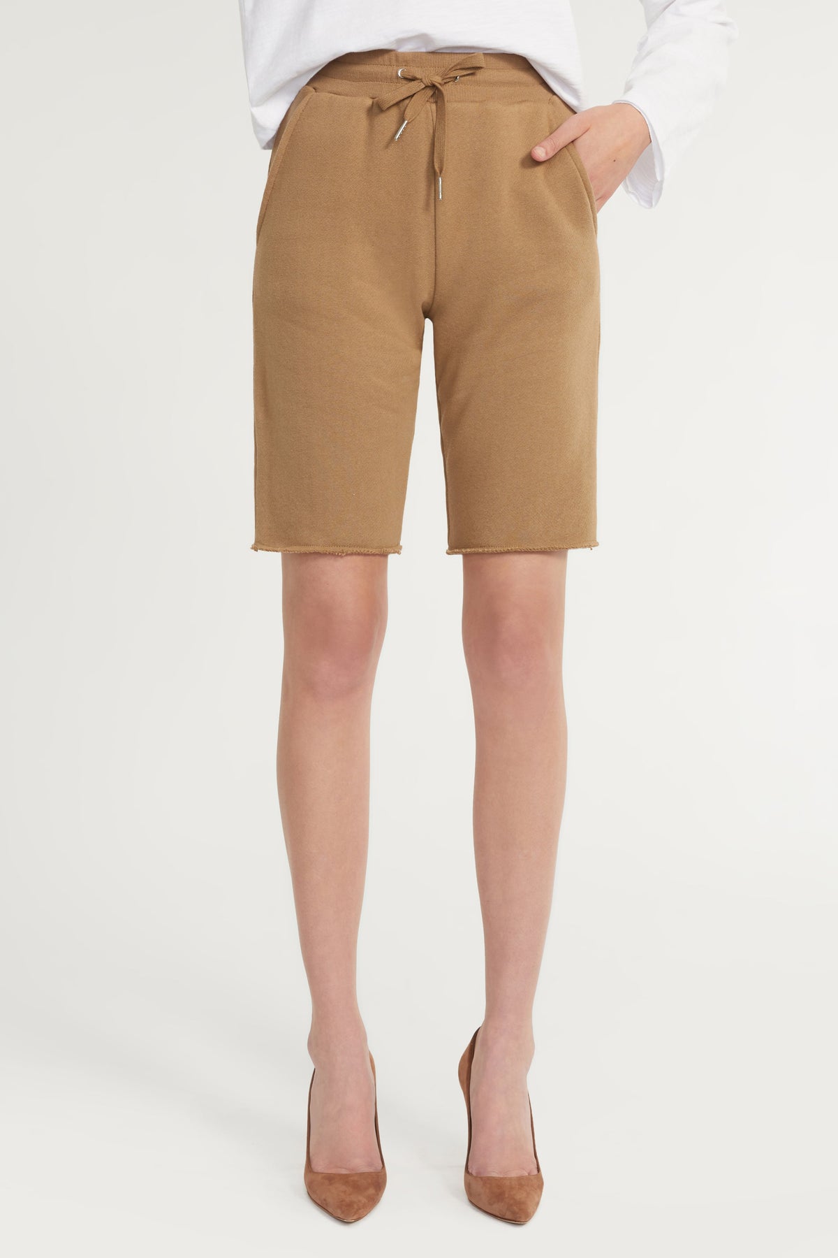 Romy Raw Edge French Terry Bermuda Short in Light Mocha