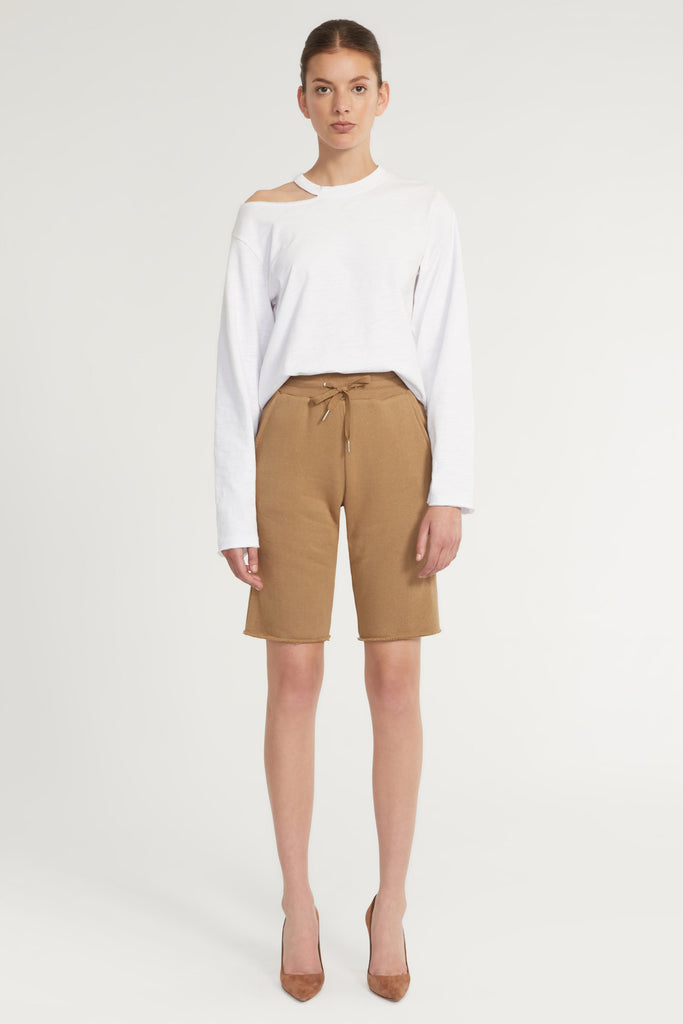 Romy Raw Edge French Terry Bermuda Short in Light Mocha