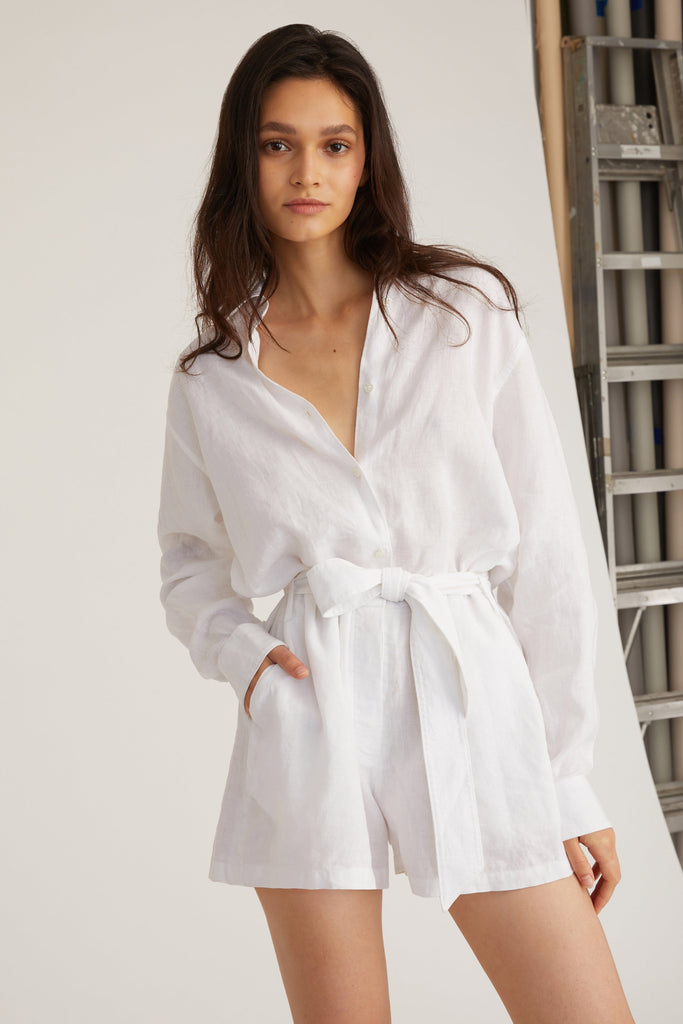 Rowan Linen Button Down Romper in Linen White