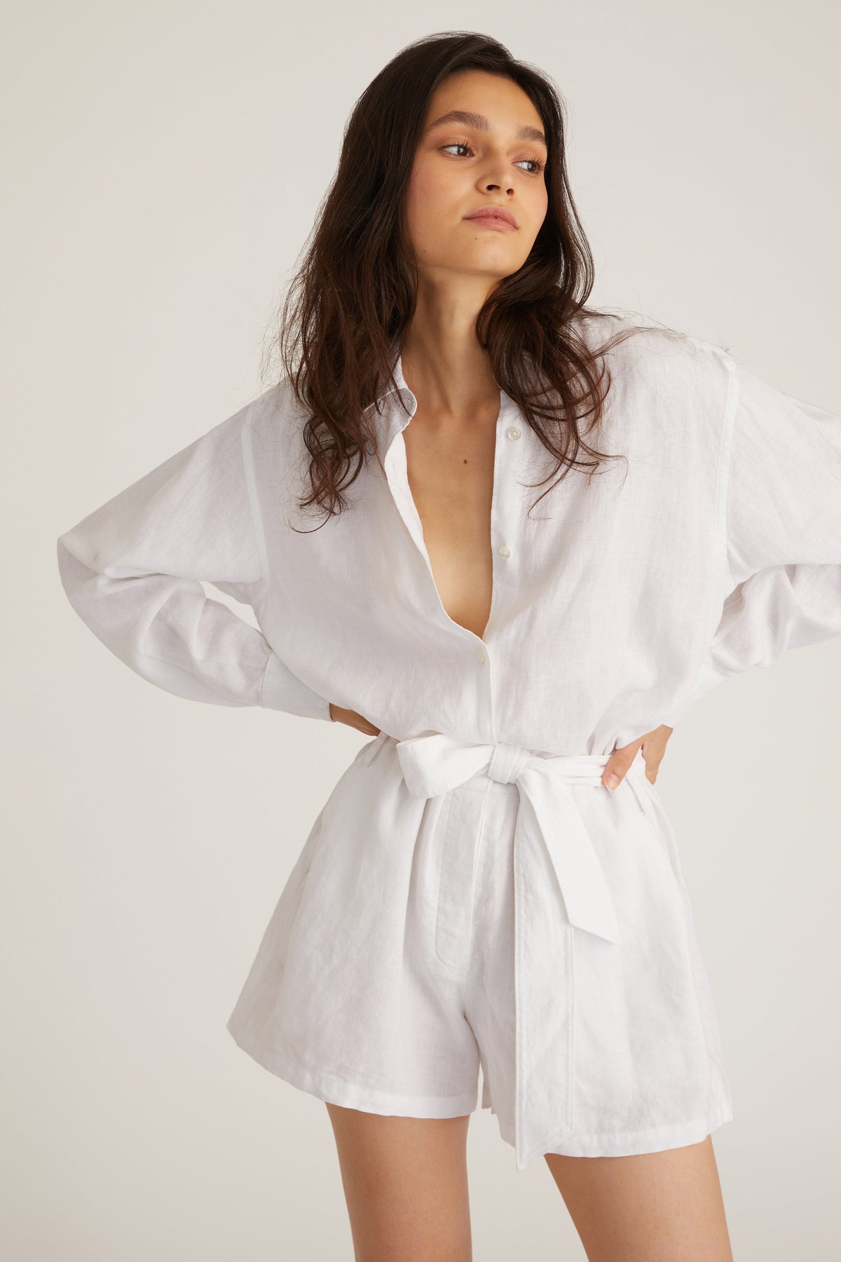 Rowan Linen Button Down Romper in Linen White