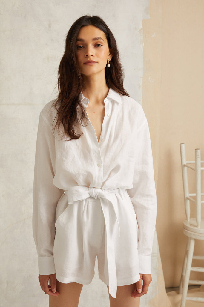 Rowan Linen Button Down Romper in Linen White