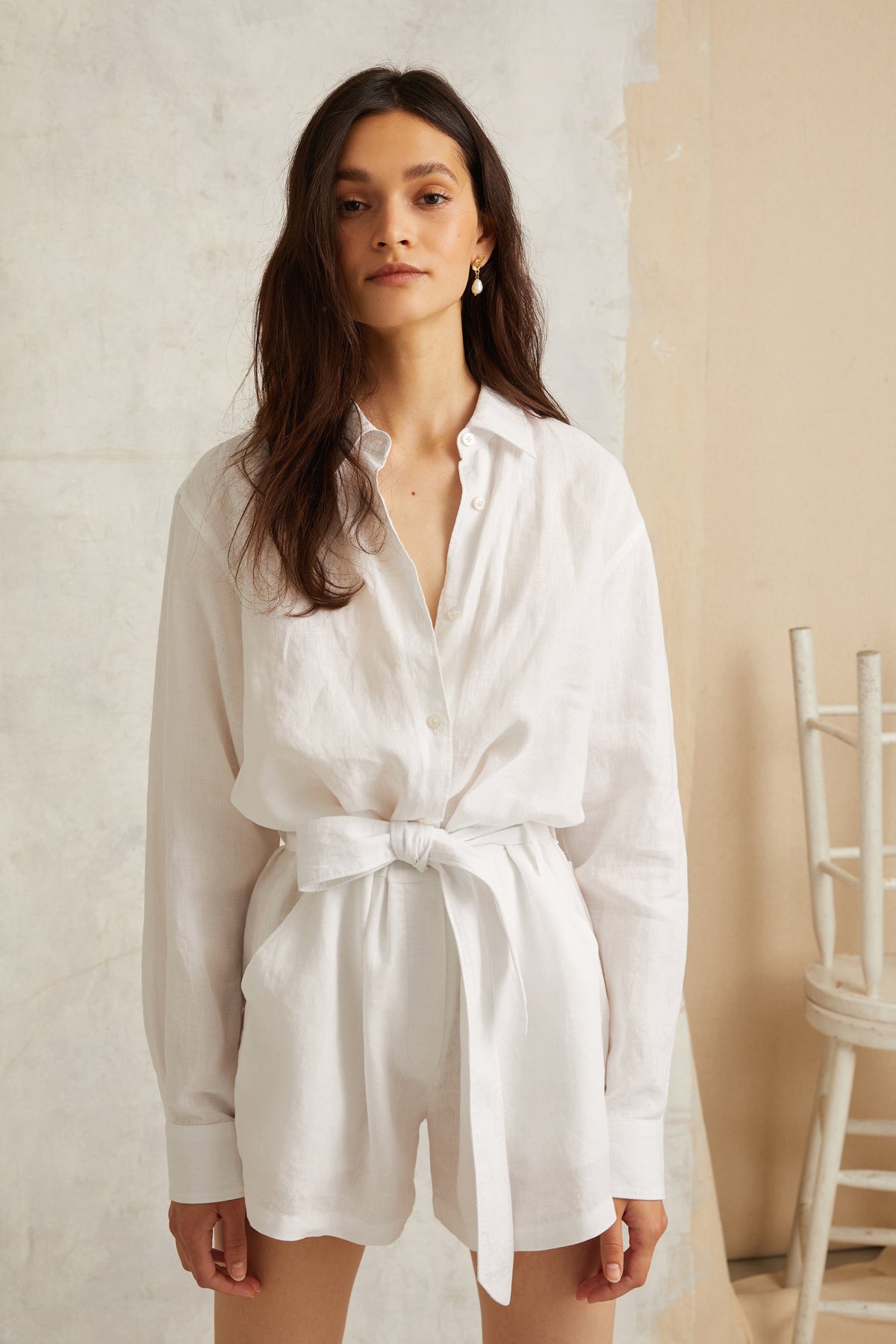 Rowan Linen Button Down Romper in Linen White