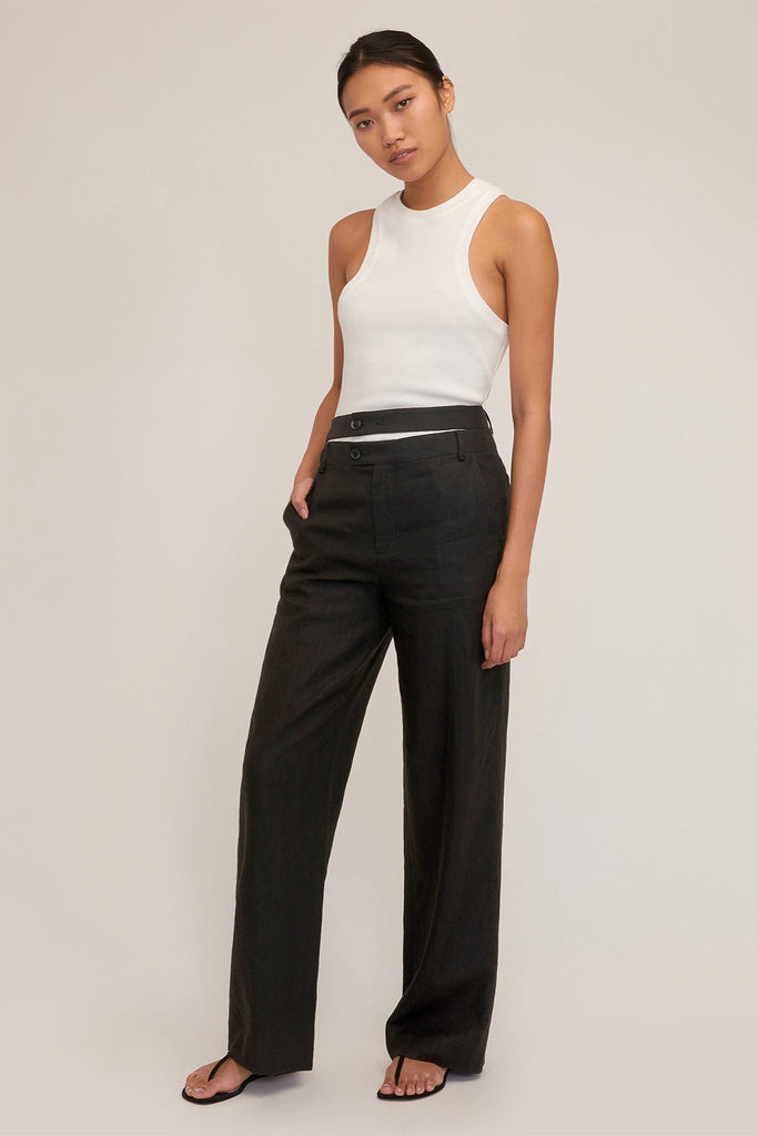 Theo Linen Double Waist Trouser in Black | MARISSA WEBB