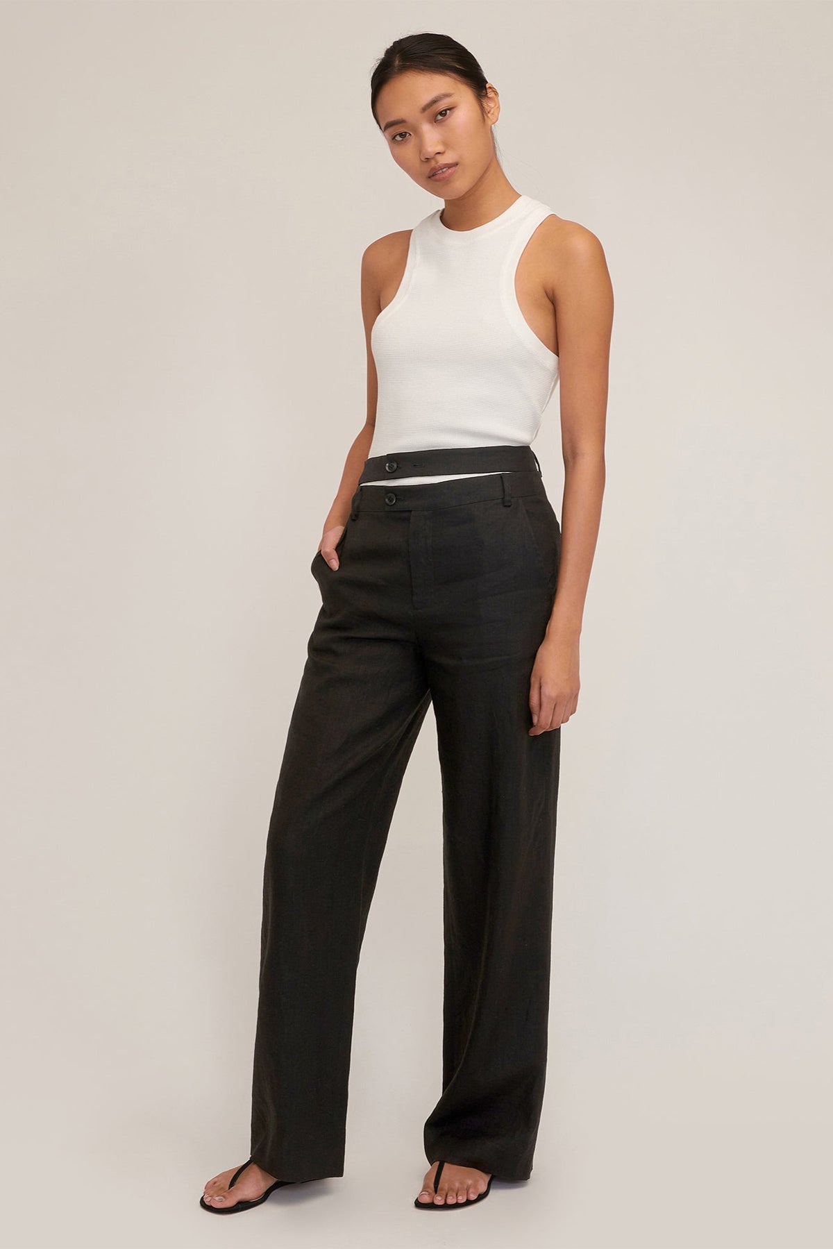 Theo Linen Double Waist Trouser in Black | MARISSA WEBB