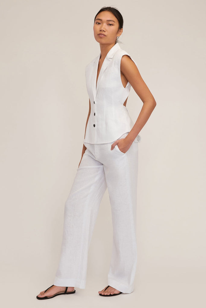 Theo Linen Double Waist Trouser in White | MARISSA WEBB