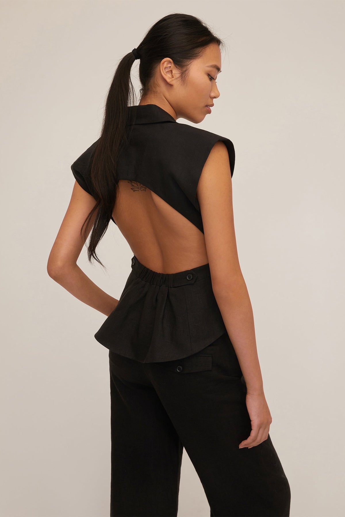 Enzo Linen Open Back Vest in Black | MARISSA WEBB