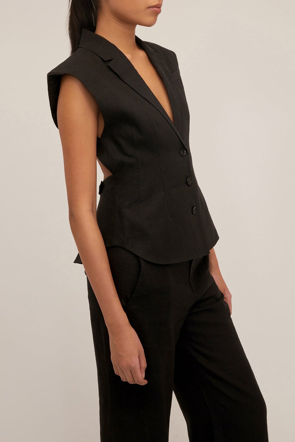 Enzo Linen Open Back Vest in Black | MARISSA WEBB