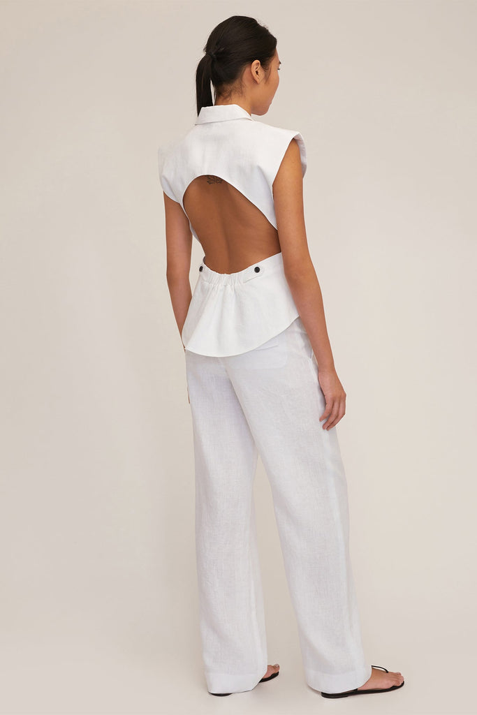 Enzo Linen Open Back Vest in White | MARISSA WEBB