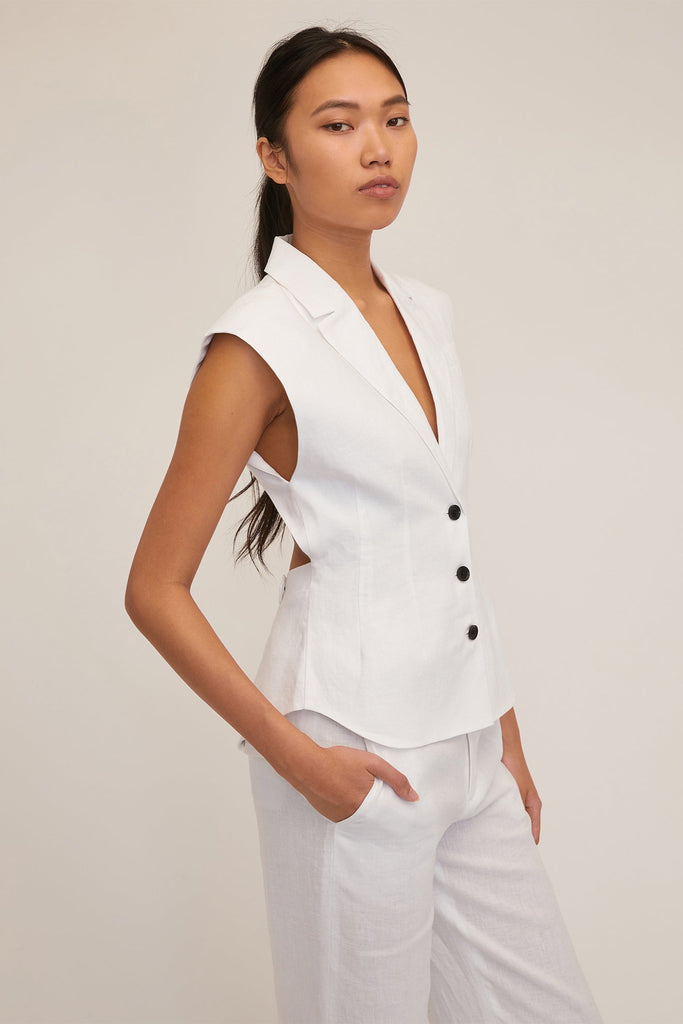 Enzo Linen Open Back Vest in White | MARISSA WEBB