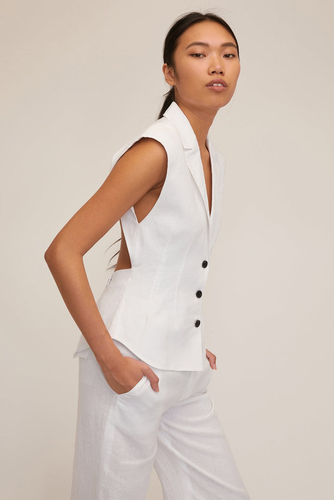 Enzo Linen Open Back Vest in White | MARISSA WEBB