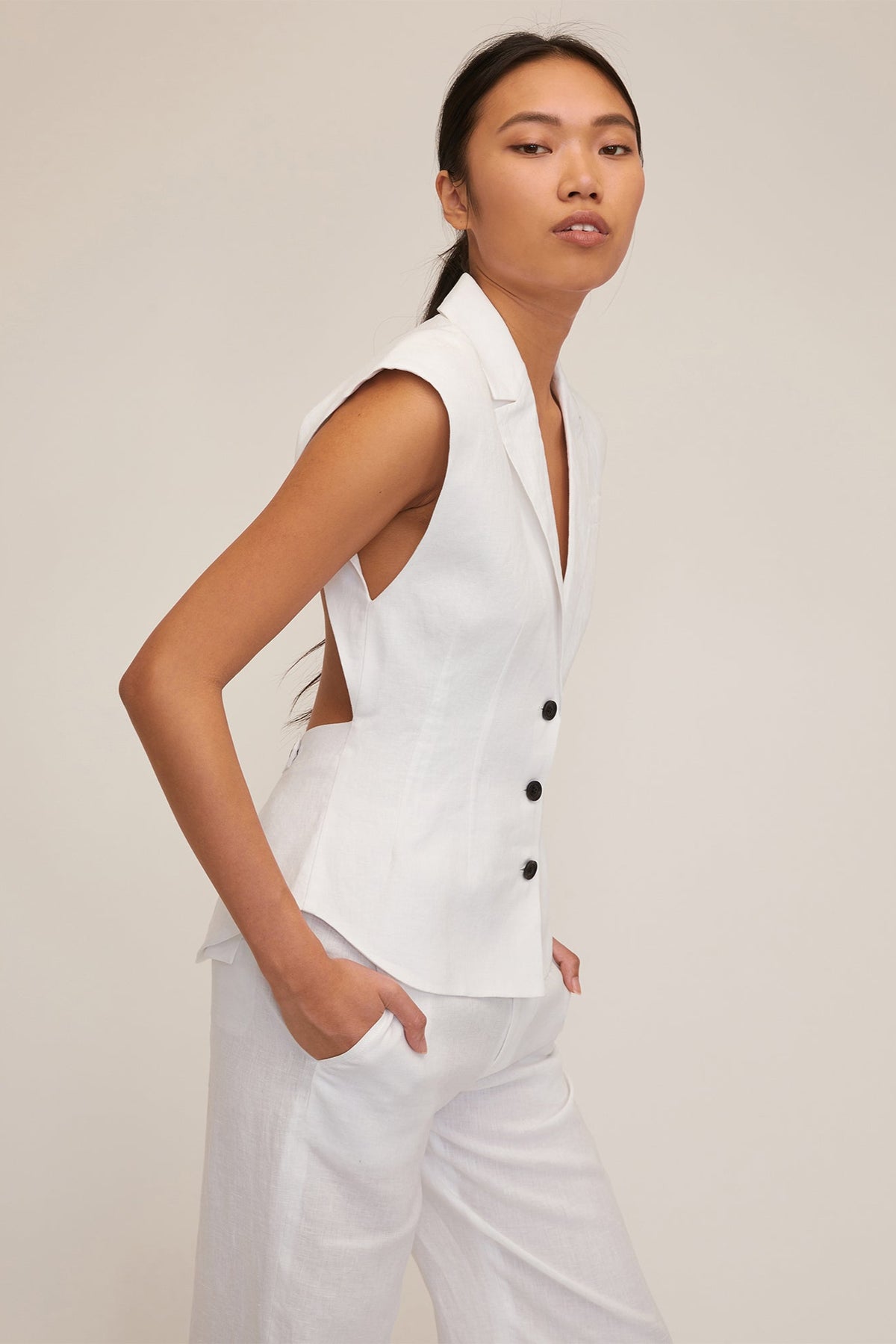 Enzo Linen Open Back Vest in White | MARISSA WEBB