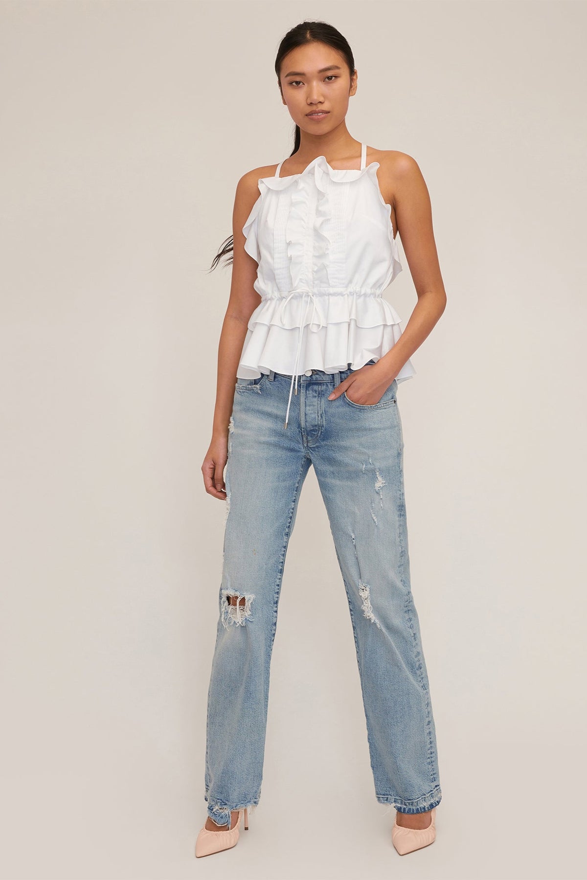 Bex Ruffle Apron Top in White | MARISSA WEBB