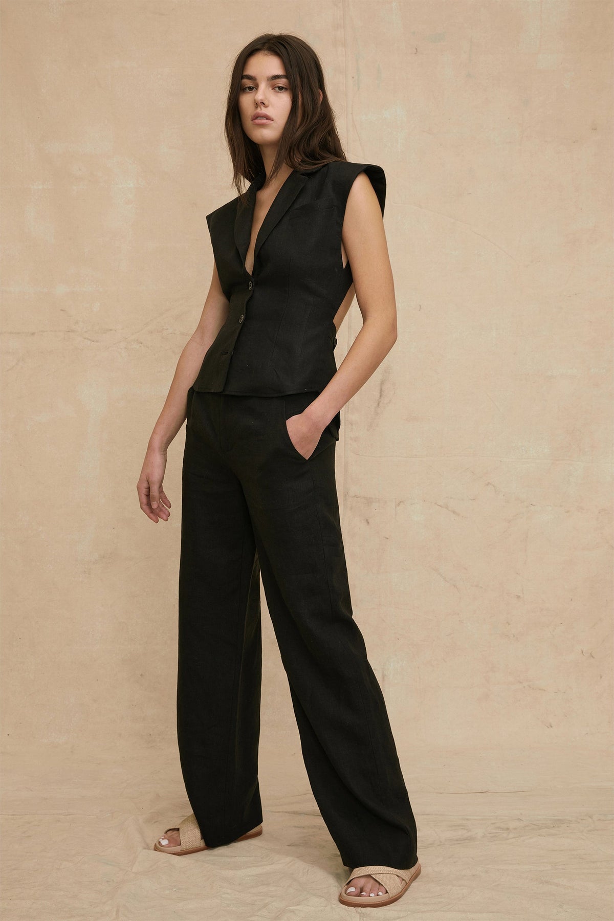 Theo Linen Double Waist Trouser in Black | MARISSA WEBB