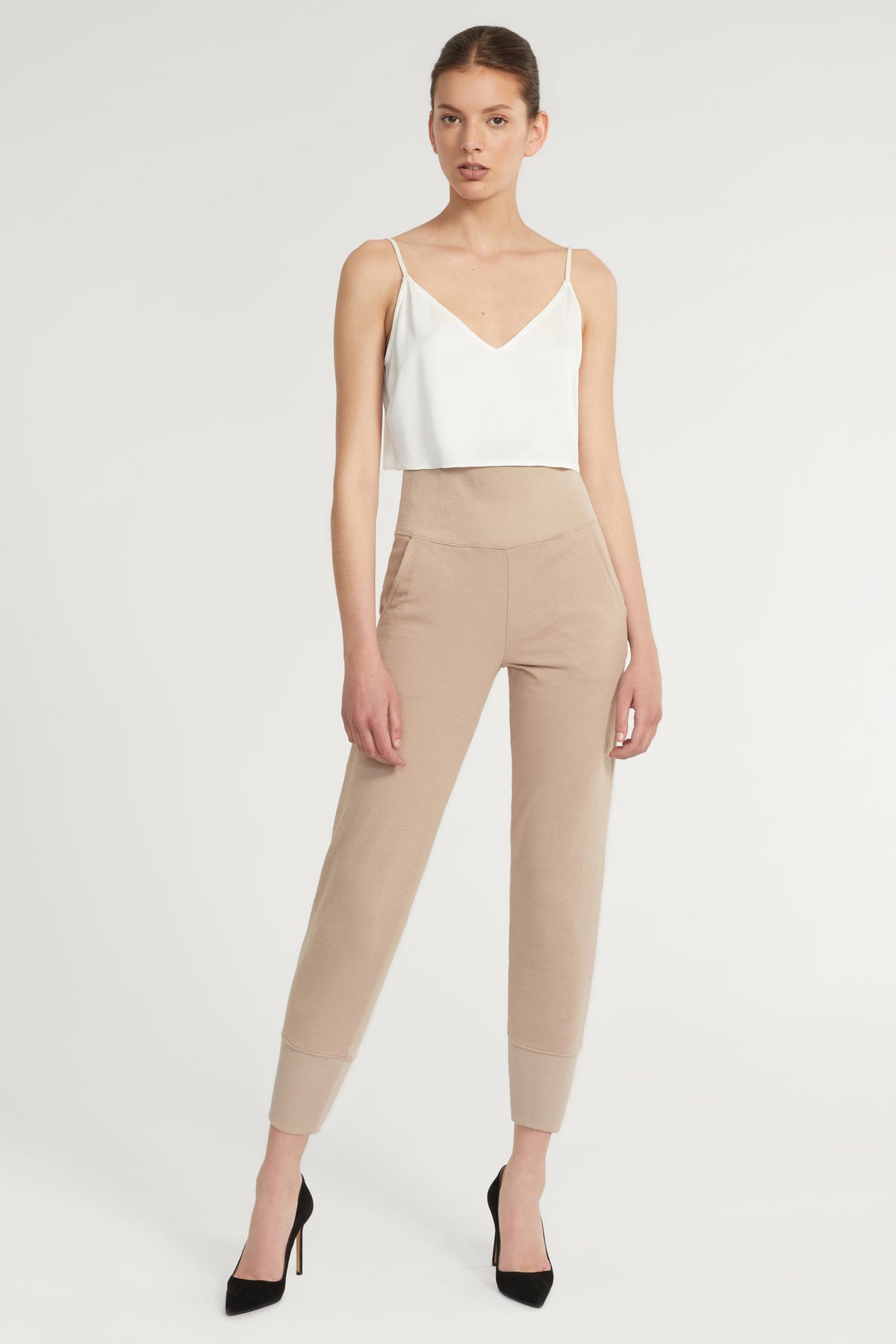 So High Waisted Slub Cotton Sweatpant in Stone Taupe